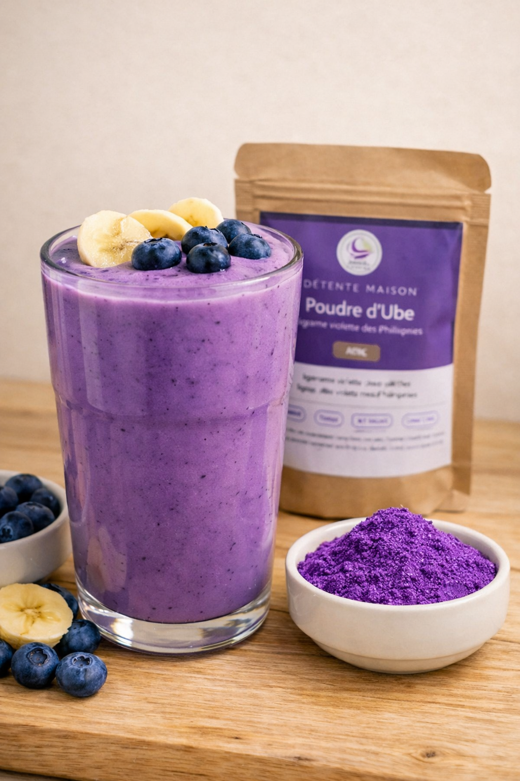 Smoothie à l'Ube violet crémeux servi dans un verre avec banane, poudre d'Ube et glaçons